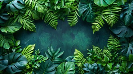 Lush green tropical foliage with botanical touch and ample copy space.