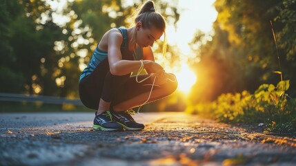 A female runner is sitting and tying shoelaces at sunset. - obrazy, fototapety, plakaty