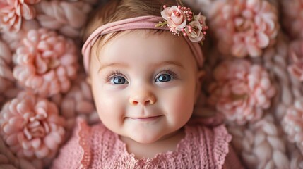 A stunning baby girl in a rosy outfit and a blossom in her locks is resting on her back and grinning with joy.