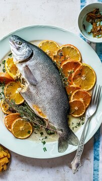 Baked trout fish with orange and thyme