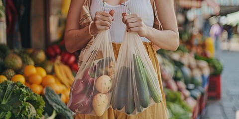 Woman carrying reusable net tote and cloth shopper with produce at local market. Eco-friendly, waste-free idea. Eco-conscious living. Banner.