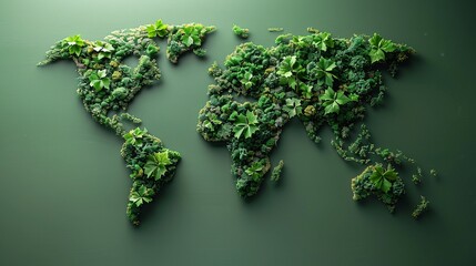 The worldwide growth of sustainable businesses using a map of the globe created from a structured cluster of foliage on forested trees to represent the protection of the environment.