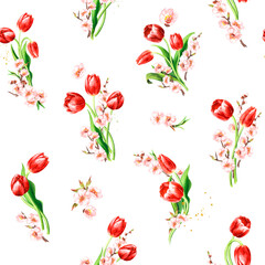 Red tulips and spring flowers,   Hand drawn watercolor seamless pattern isolated on white background