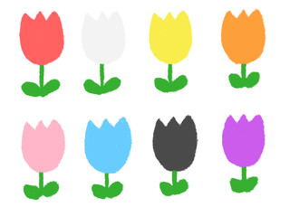 子どもがクレヨンで描いたような手書き風の可愛いいろいろな色のチューリップのセット