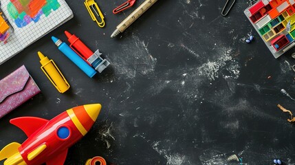 Chalkboard with colorful toy rocket and school materials.