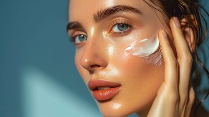 Facial care. Lotion application. Beautiful close-up of youthful female face with radiant complexion using a skincare formula. - obrazy, fototapety, plakaty