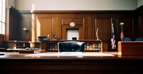 Judge's gavel on table setting scene for law trial in court. - obrazy, fototapety, plakaty