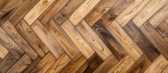 A detailed view of a wooden floor featuring a chevron pattern, showcasing the intricate design and natural texture of the parquet boards.