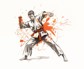 martial art sketch with a watercolor touch on white background.