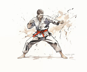 martial art sketch with a watercolor touch on white background.