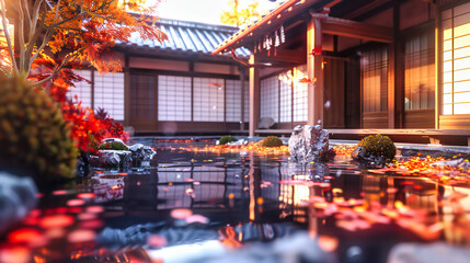 Obraz premium Traditional Kyoto Zen: Serene Temple Amidst Crimson Foliage, a Tranquil Asian Retreat