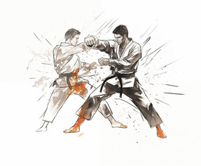 martial art sketch with a watercolor touch on white background.