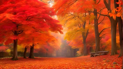 Papier Peint photo autocollant Rouge A stunning autumn landscape with a canopy of vibrant, fiery leaves cascading down from towering trees, creating a breathtaking backdrop for your next project.  