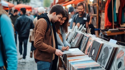 A youthful couple browsing through vinyl records at a French flea market.