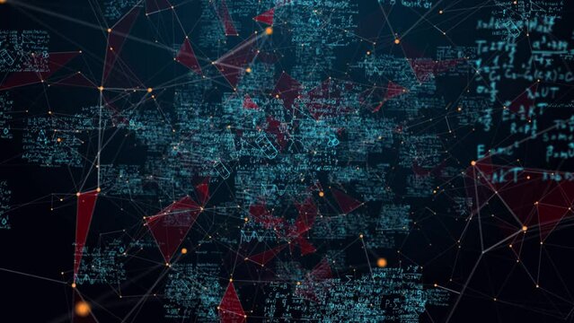 camera movement in digital space with animation of algebraic, physical and chemical formulas and cheat sheets, animation of handwritten educational notes, learning process, animated digitalization