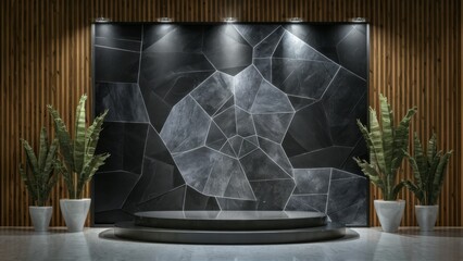 A sleek lobby features a geometric marble wall, illuminated by subtle lighting. The angular patterns play with light and shadow, complementing the potted plants and modern decor