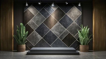 An elegant backdrop with black marble tiles set in a diamond pattern under focused lighting. Lush green plants add a touch of nature to the sophisticated space