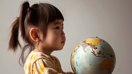 A little Asian girl is being taught the bilingual globe model on a gray background.
