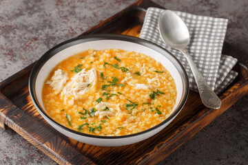 Soup with pastina pasta, chicken, vegetables and cheese close-up in a bowl on a wooden board. Italian style. Horizontal