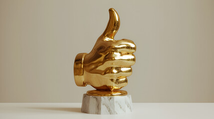 Golden thumb up award trophy on white background.  generative ai 