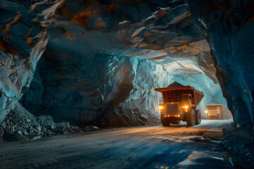 Dumper truck carrying porphyry rocks through a quarry mine - obrazy, fototapety, plakaty