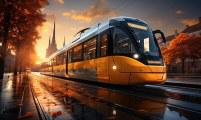 an electric tram gliding along its tracks in an urban setting  - obrazy, fototapety, plakaty