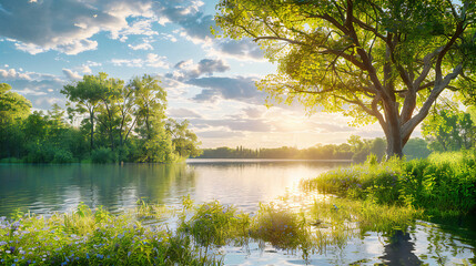Riverside Serenity: Sun-kissed Forest by Tranquil Lake, Natures Idyllic Harmony