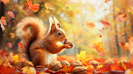 beautiful cute squirrel collecting nuts