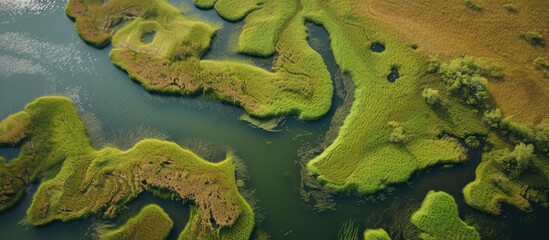 An aerial view of a large body of water, possibly part of Cook Inlet, surrounded by vibrant green grass. The scene showcases a transitional ecosystem with salt marsh wetland and sedge meadow in Lake