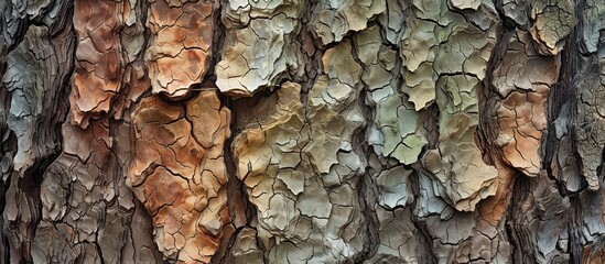 The image shows a close-up of a tree trunk with peeling paint, revealing the intricate texture and...