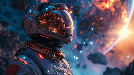 An astronaut peers into the cosmos, where nebulae and star clusters paint a surreal backdrop, mirroring the vastness and mystery of space exploration. - obrazy, fototapety, plakaty