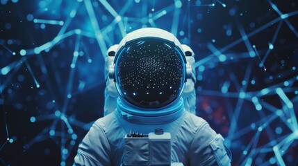 Networked Cosmos. Astronaut Against a Backdrop of Interconnected Stars and Data Networks. A Technological Astronaut Interfaces with the Stellar Web of Connectivity. - obrazy, fototapety, plakaty