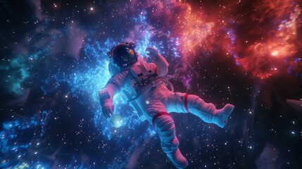 Astronaut Drifts in the Colorful Nebula, A Dance with Stardust Amidst the Cosmic Infinity. Solitary Spacefarer Explores the Vibrant Mysteries of a Distant Nebula. - obrazy, fototapety, plakaty