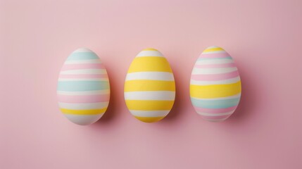 Fototapeta na wymiar Three Easter eggs with delicate striped patterns in soft pastels are symmetrically aligned against a gentle pink background, exuding a serene and elegant vibe.