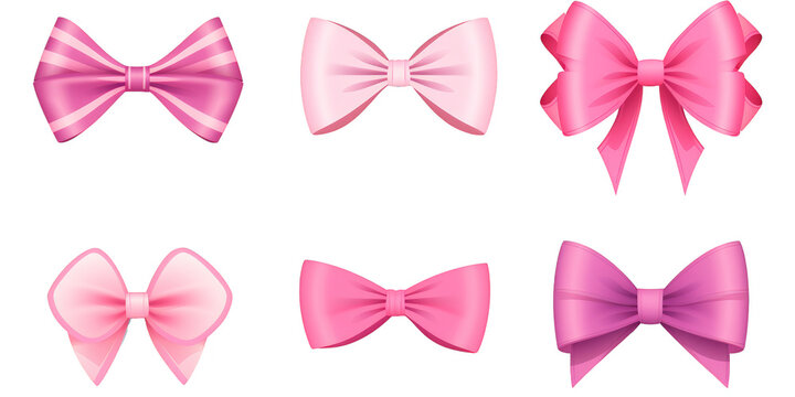 flat art collection of pink bow and ribbon isolated on a white background as transparent PNG