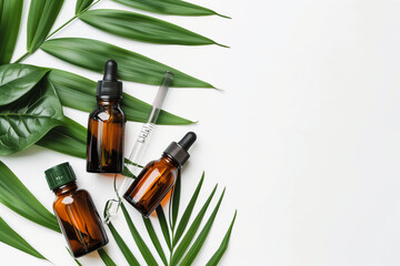Essential oils on white background with palm leaves, mockup. Cosmetic medical beauty product in brown glass bottles with a pipette 