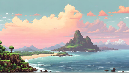 Tropical island in the sea landscape background. 8 bit pixel art style illustration. - obrazy, fototapety, plakaty
