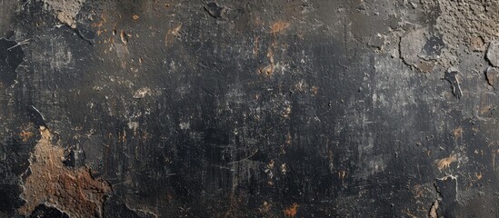 A black and white clock is mounted on a rough textured, black cement wall. The clocks hands are ticking, indicating the passage of time.
