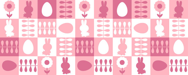 Easter horizontal pattern with simple rabbits and eggs silhouettes. Perfect print for card, cup, mug, banner. Great spring design for any project.