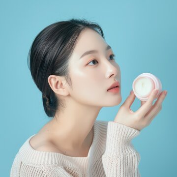 Asian beautiful woman with perfect skin holds cosmetic cream. Female beauty concept