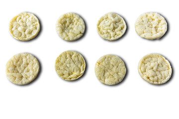 Round rice chips with cheese flavor on a white background