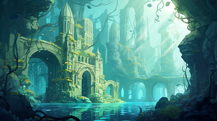 A vector graphic of a fantastical underwater city.