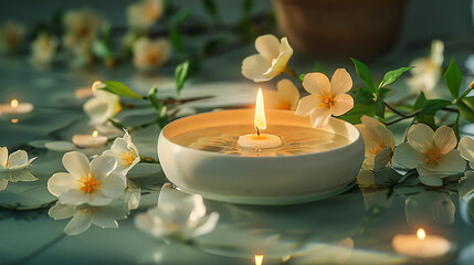 Fototapeta na wymiar Serene Setting: Candlelit Spa in Natures Tranquil Embrace