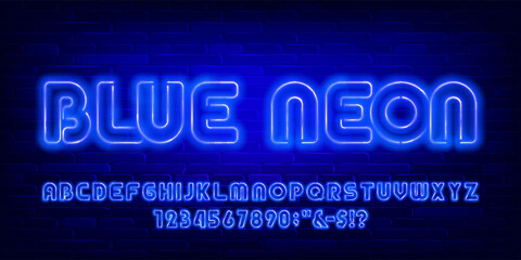 Blue Neon alphabet font. Neon color letters and numbers. Stock vector typescript for your design.