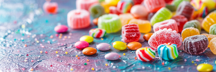 Fototapeta na wymiar Closeup of assorted colorful candies scattered on a bright surface reminiscent of cheerful childhood memories