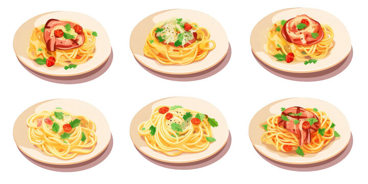flat art collection of Spaghetti Carbonara isolated on a white background as transparent PNG