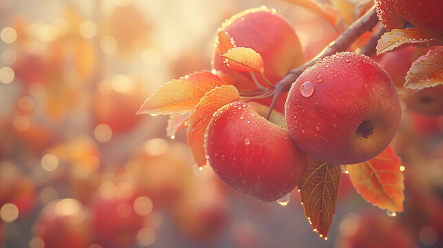 Ripe red apples on apple trees in the garden ready to be harvested With copyspace for text