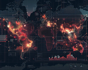 Fototapeta na wymiar Global map with integrated financial graphs and charts illustrating the interconnectedness and dynamics of the global economy