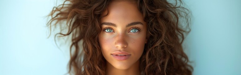 Fototapeta premium Model girl with shiny wavy healthy hair, curly hair and glowing, freckled skin, natural beauty, smooth skin for care, and hair and skin care products. White model girl with blue eyes.