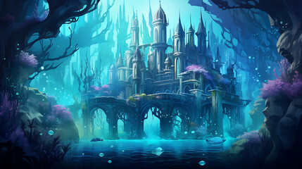 A vector graphic of a fantastical underwater city. - obrazy, fototapety, plakaty